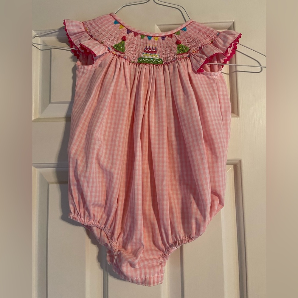 Smocked birthday bubble with pink gingham.